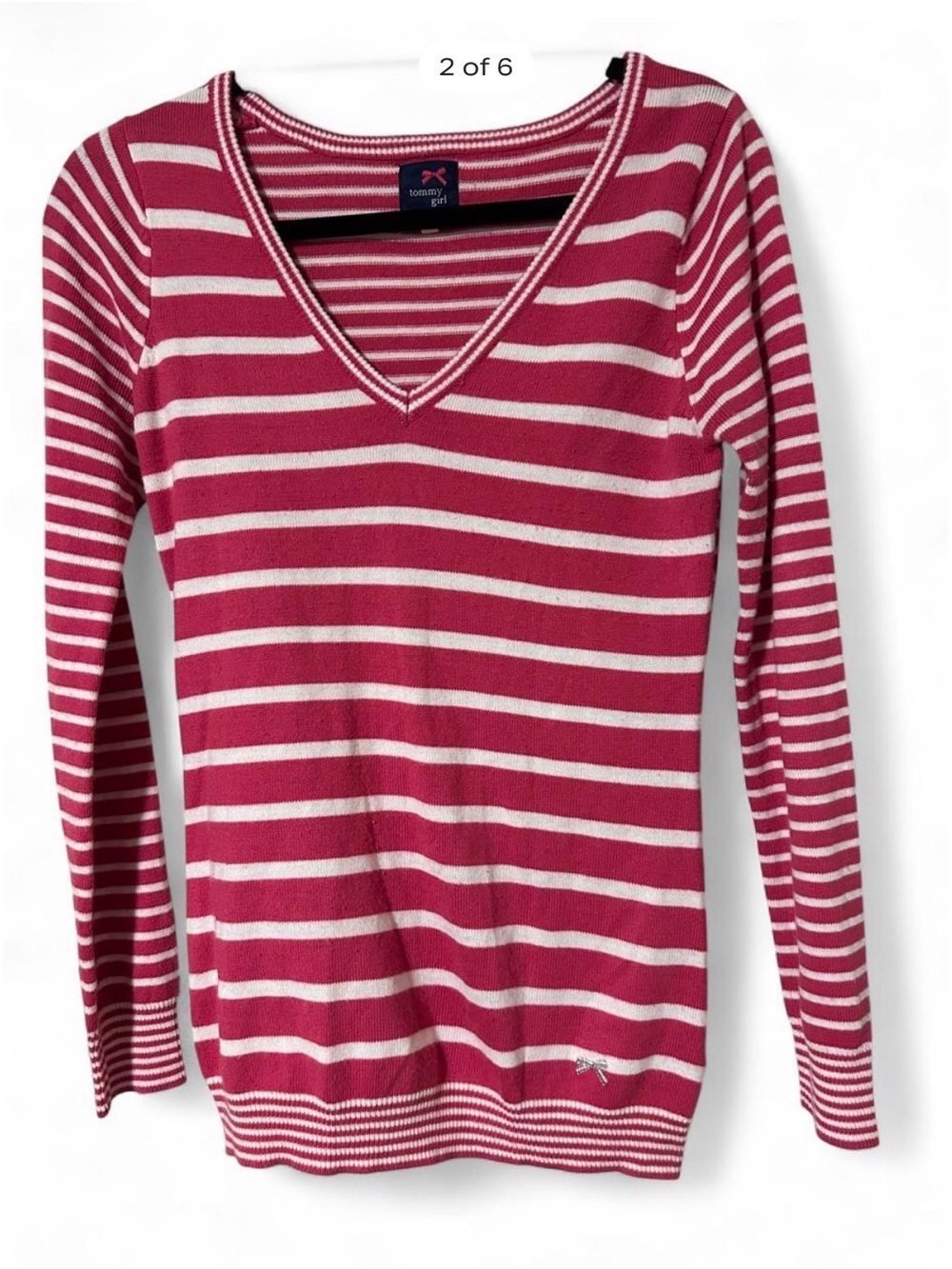 Tommy Hilfiger Magenta and White Striped V-Neck Long Sleeve Top